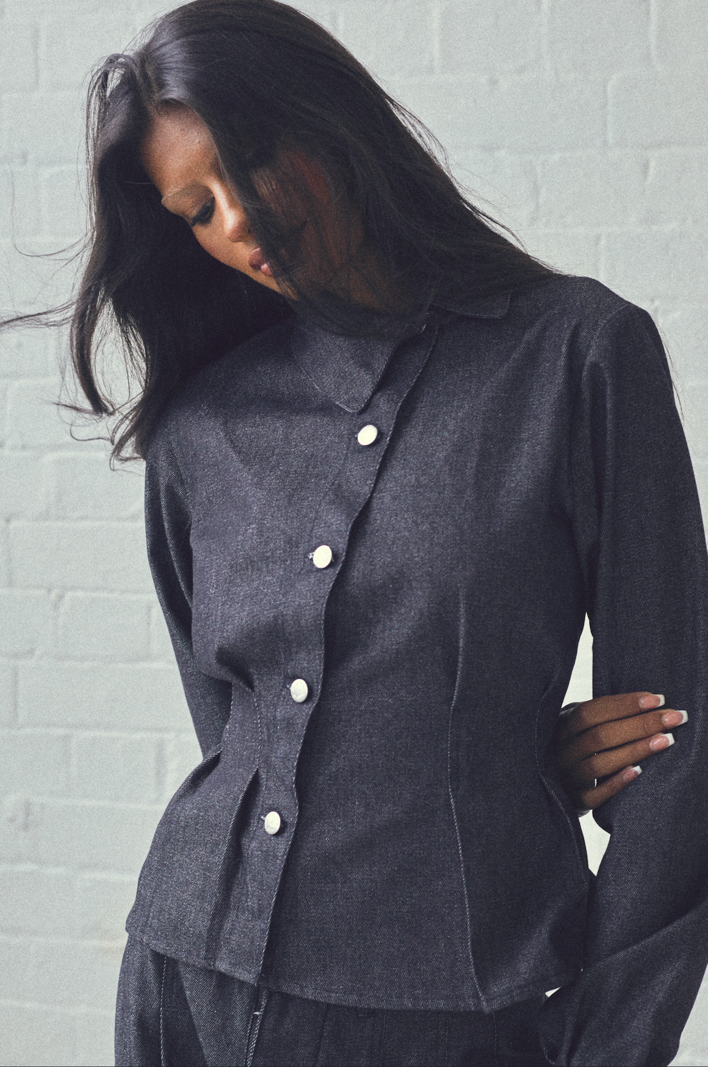 BLACK DENIM ASYMMETRIC SHIRT