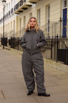 GREY CHECK WOOL BARREL TROUSERS