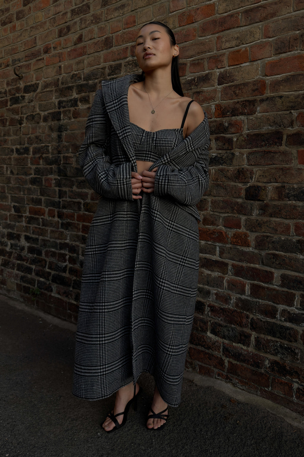 GREY CHECK WOOL TRENCH COAT