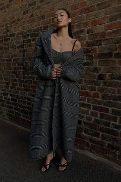 GREY CHECK WOOL TRENCH COAT