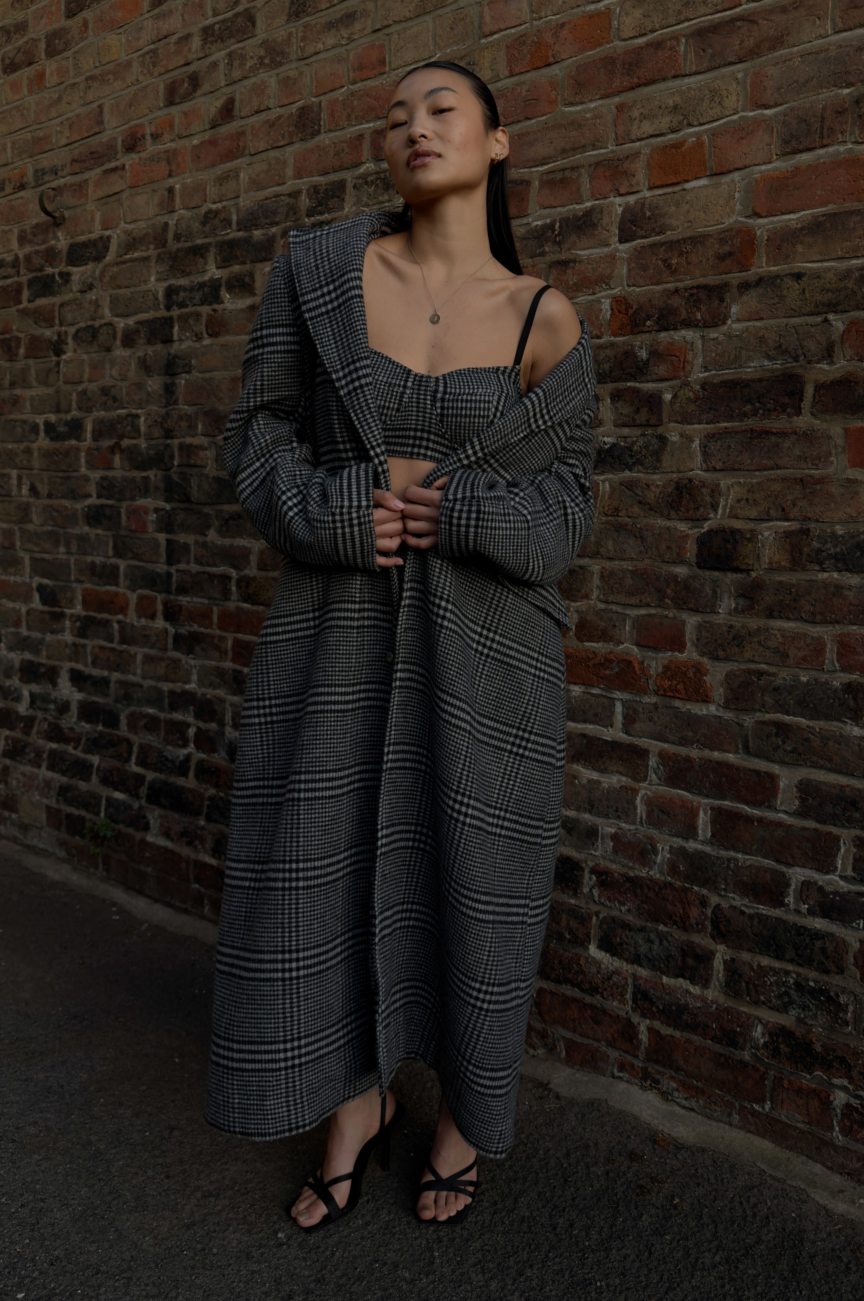 GREY CHECK WOOL TRENCH COAT