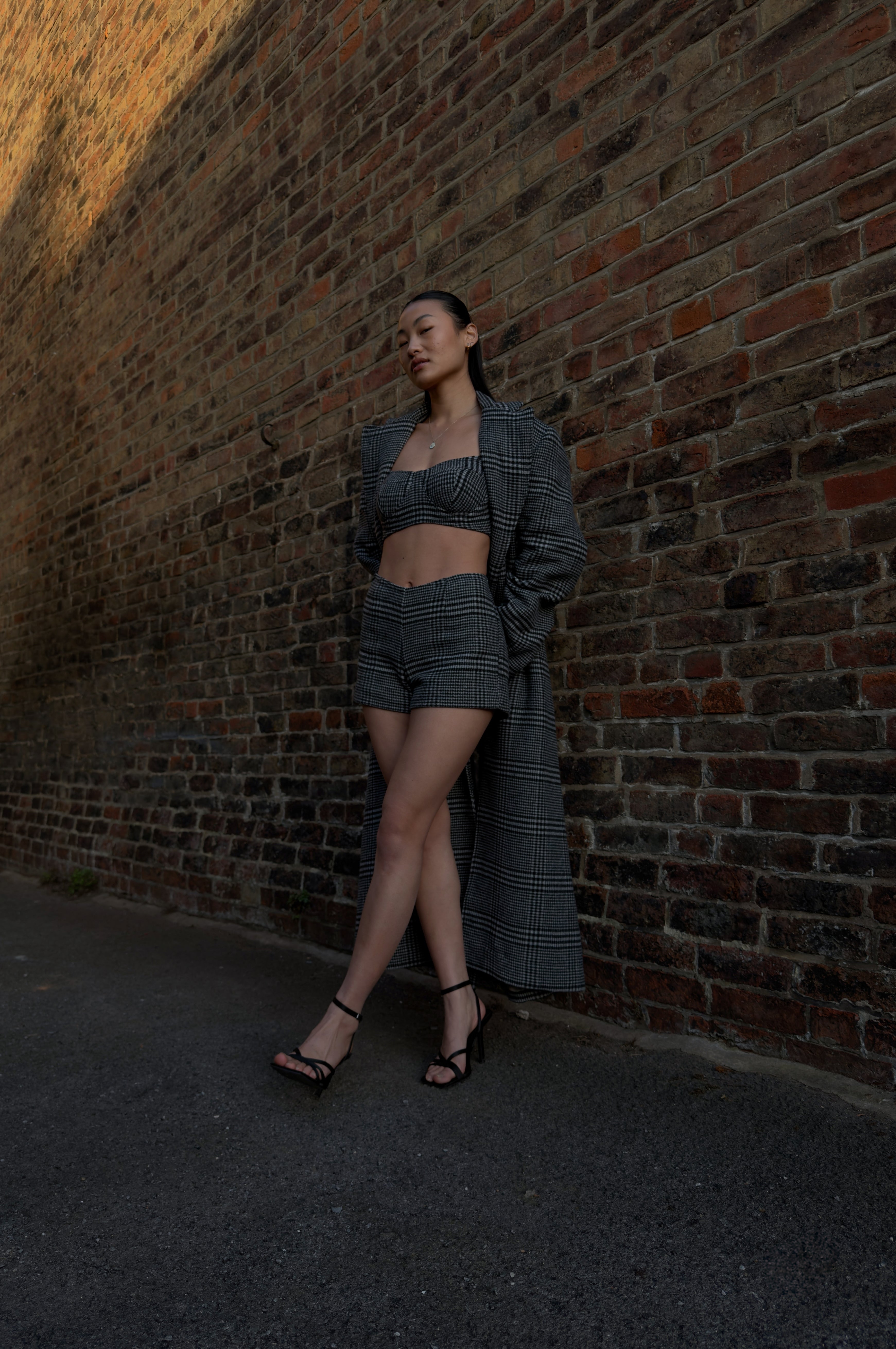 GREY CHECK WOOL TRENCH COAT
