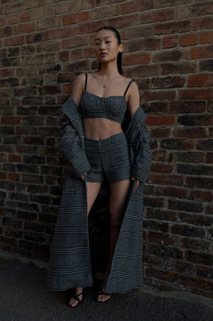 GREY CHECK WOOL TRENCH COAT