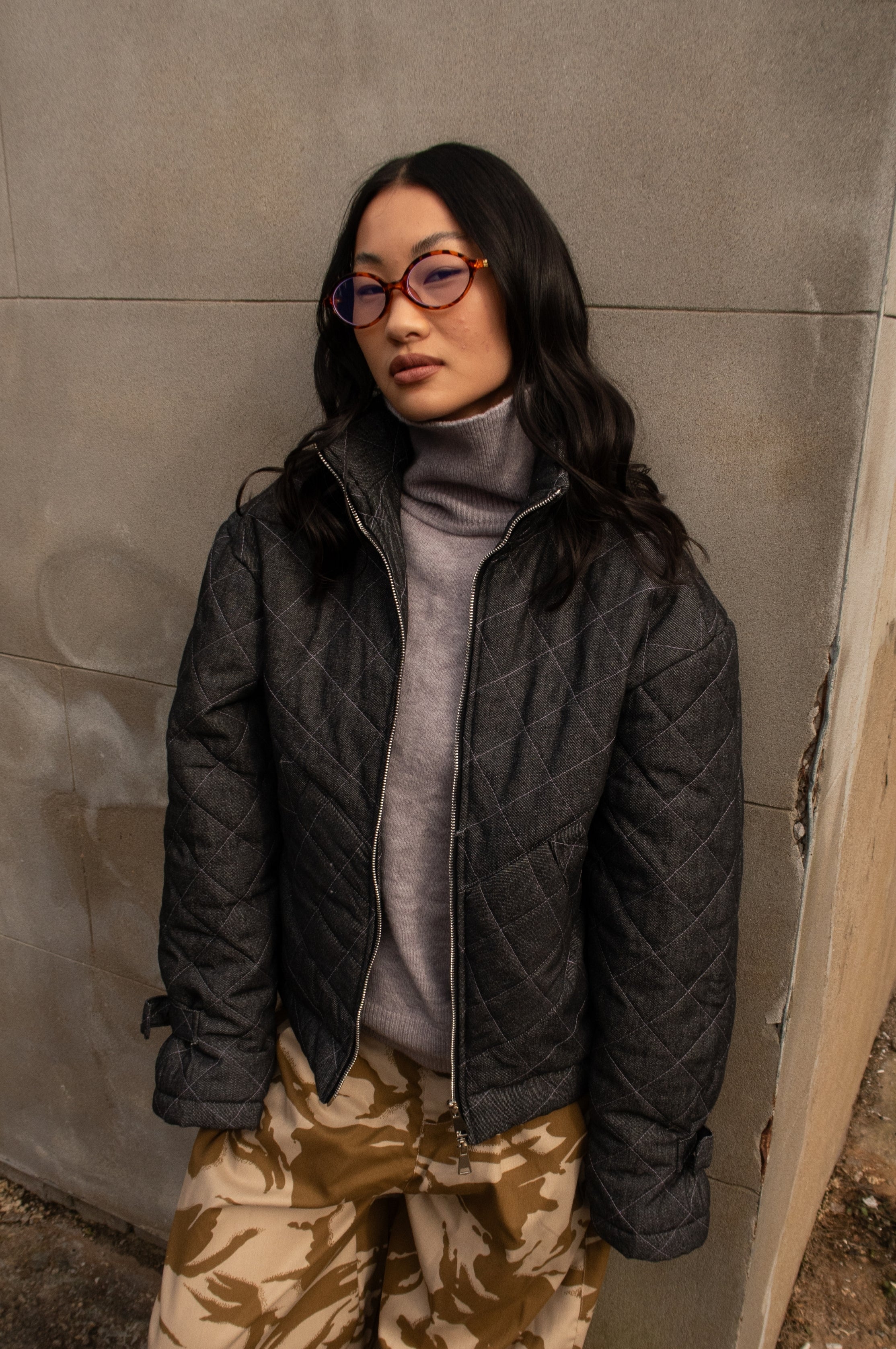 QUILTED DENIM BOMBER JACKET