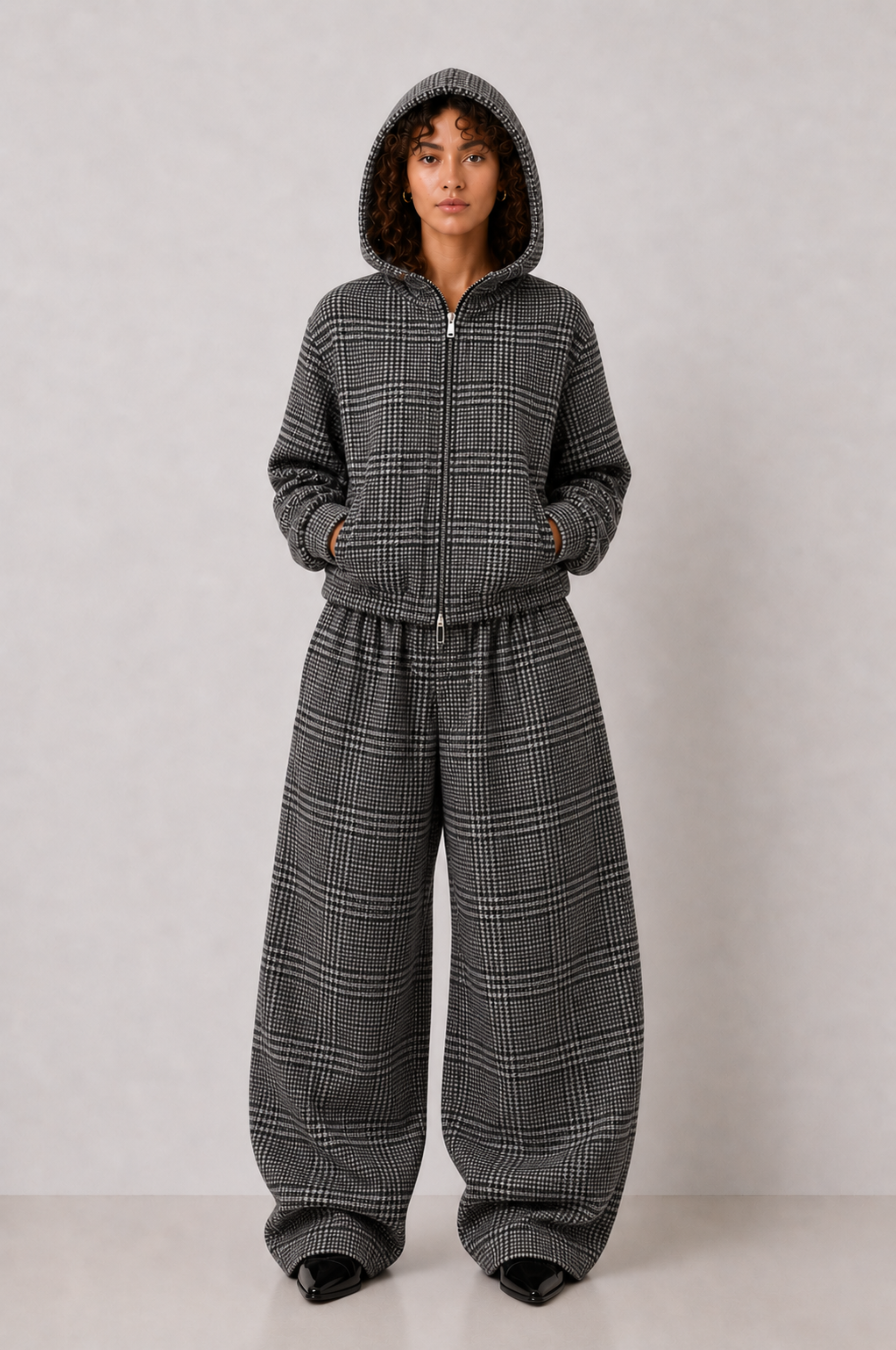 GREY CHECK WOOL BARREL TROUSERS