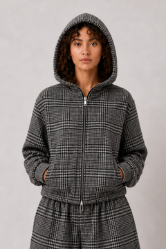 GREY CHECK WOOL ZIP HOODIE