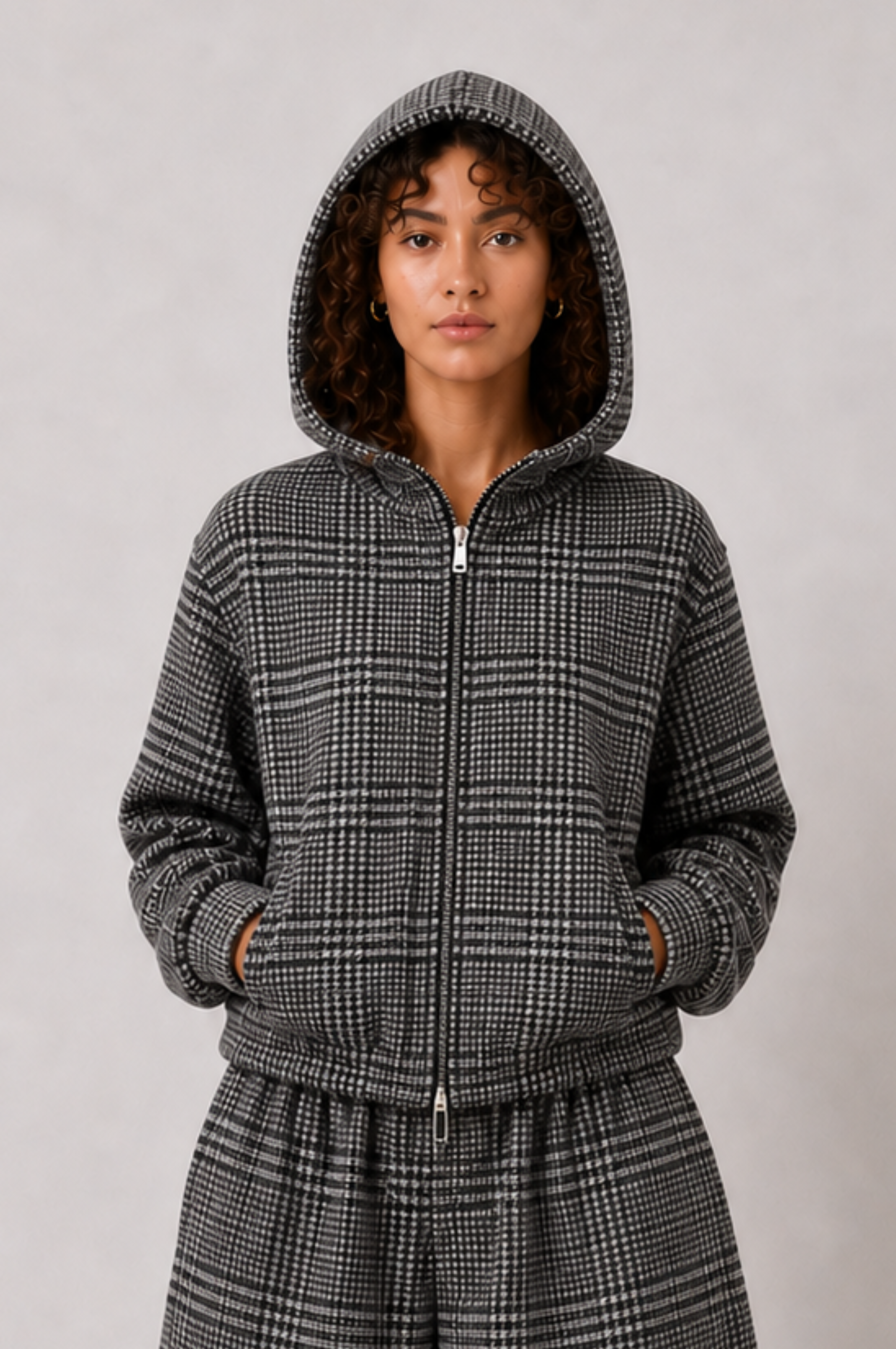 GREY CHECK WOOL ZIP HOODIE