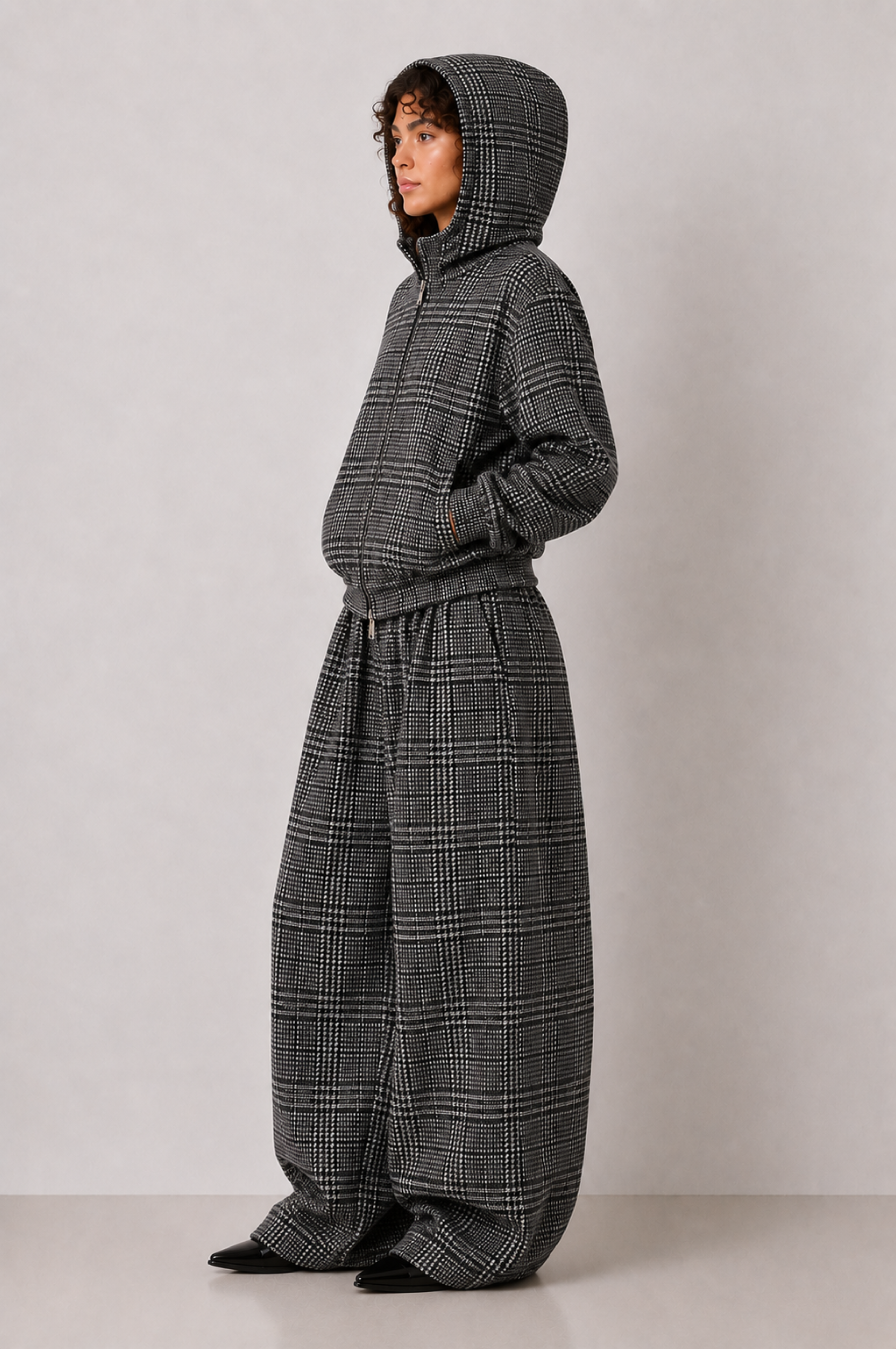 GREY CHECK WOOL BARREL TROUSERS