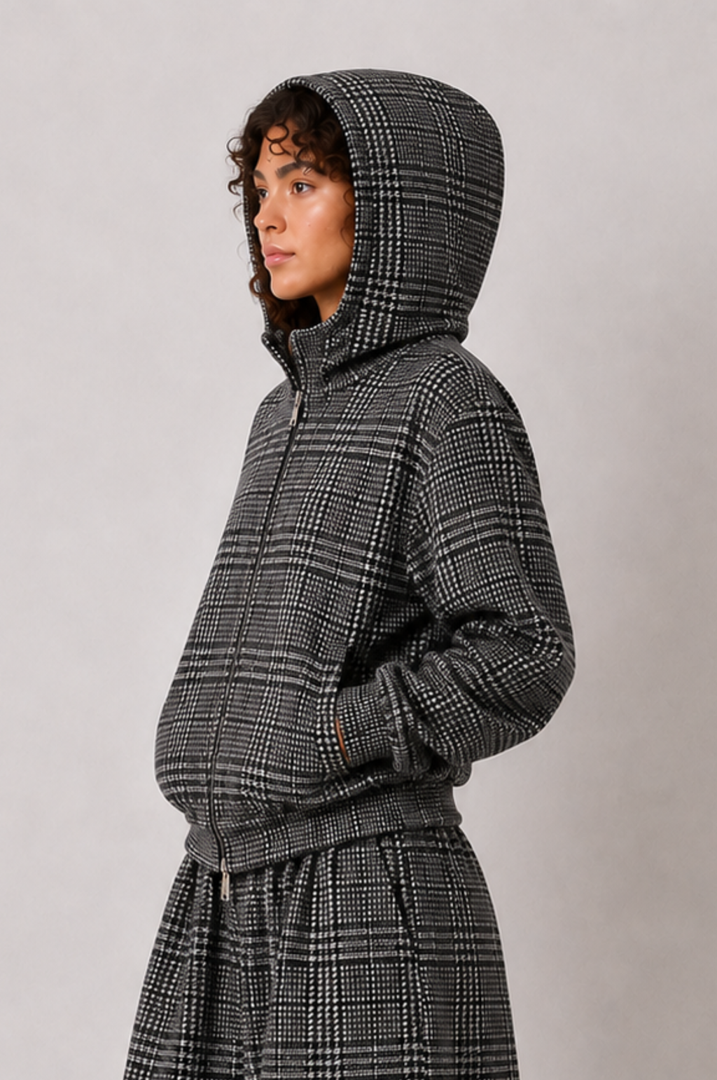 GREY CHECK WOOL ZIP HOODIE