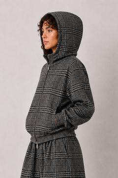 GREY CHECK WOOL ZIP HOODIE