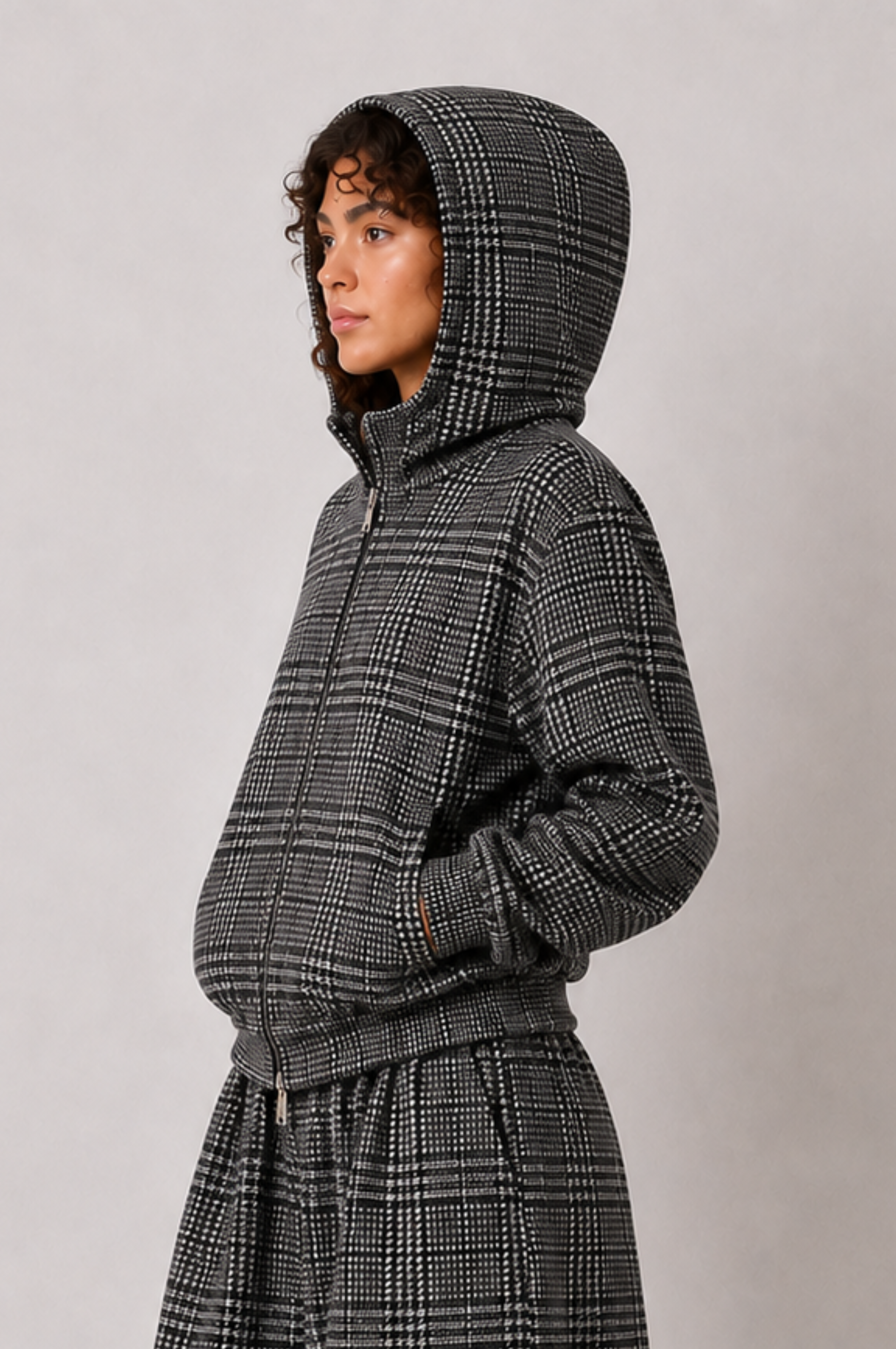 GREY CHECK WOOL ZIP HOODIE