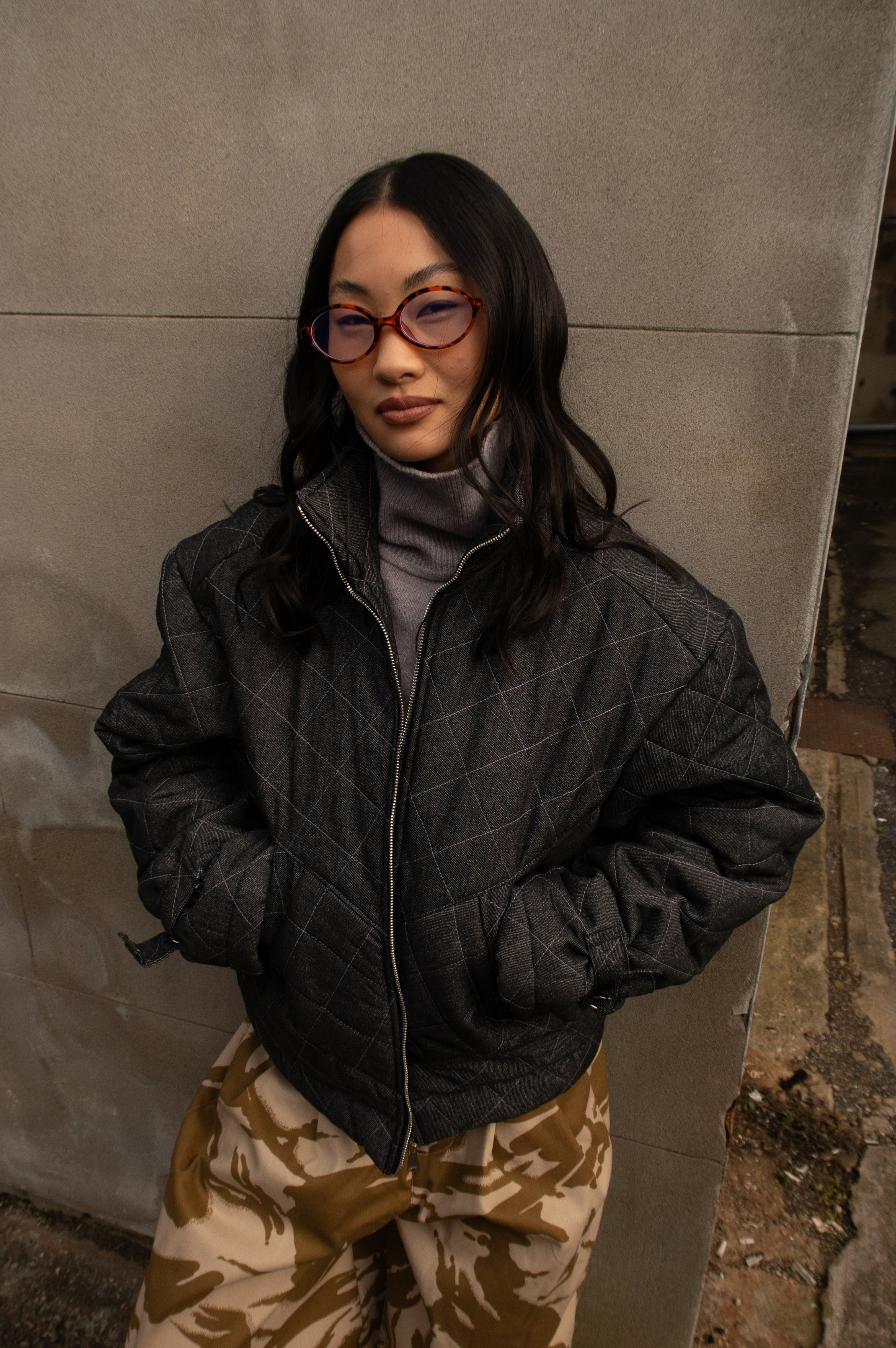 QUILTED DENIM BOMBER JACKET