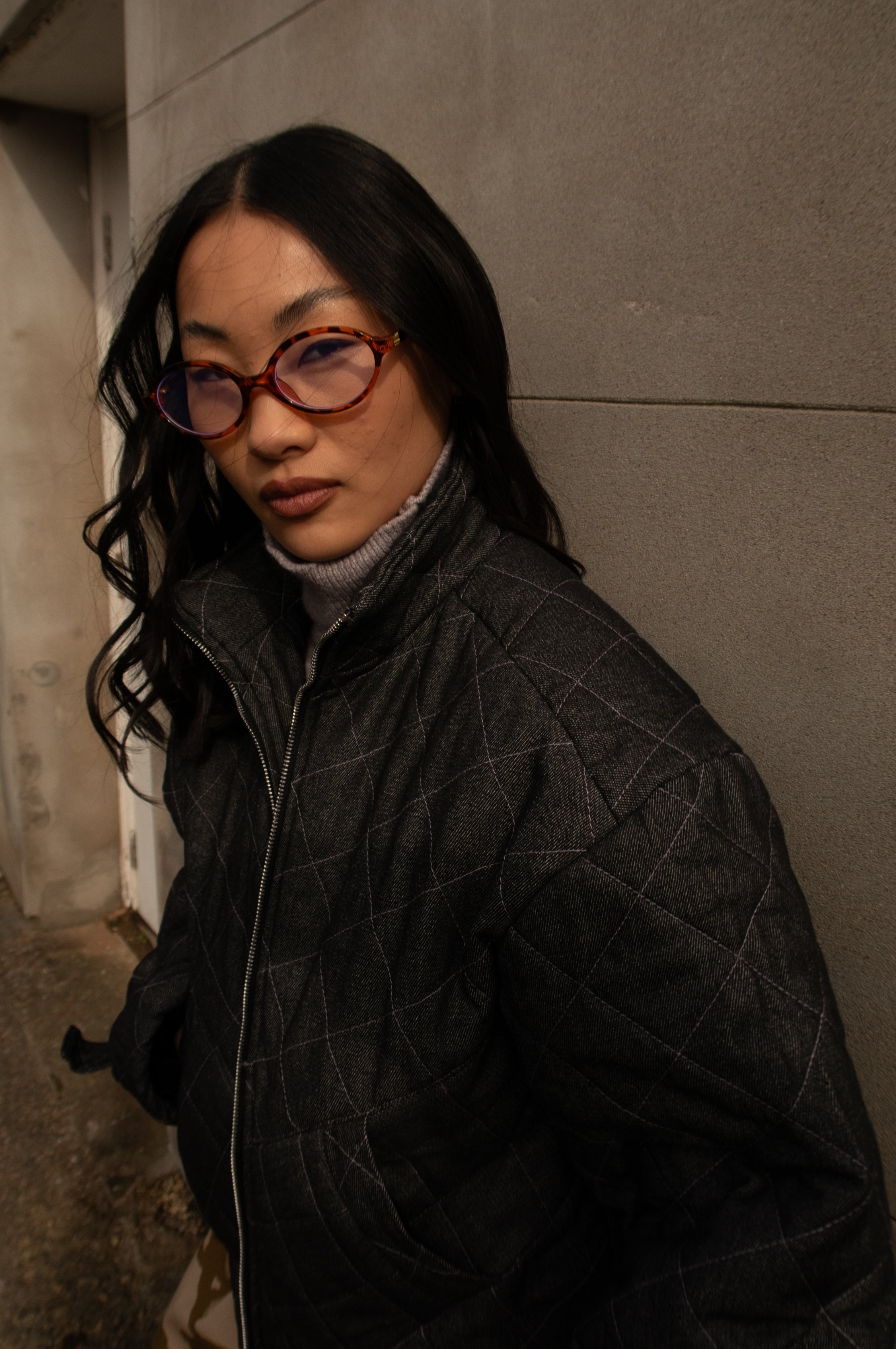 QUILTED DENIM BOMBER JACKET