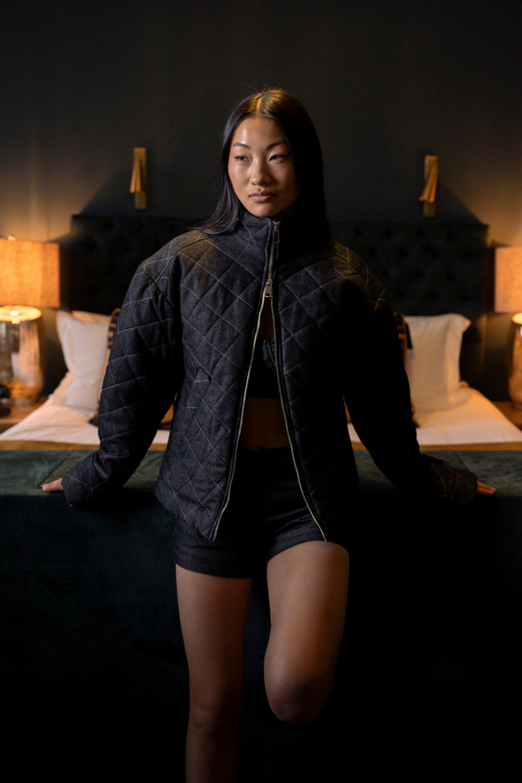 QUILTED DENIM BOMBER JACKET