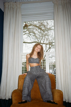 GREY CHECK WOOL BARREL TROUSERS