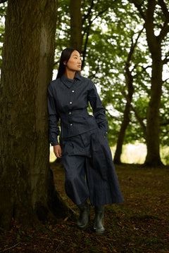 MID BLUE DENIM ASYMMETRIC SHIRT