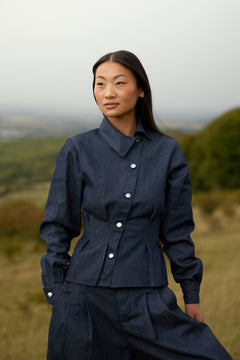 MID BLUE DENIM ASYMMETRIC SHIRT