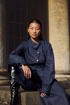 MID BLUE DENIM ASYMMETRIC SHIRT