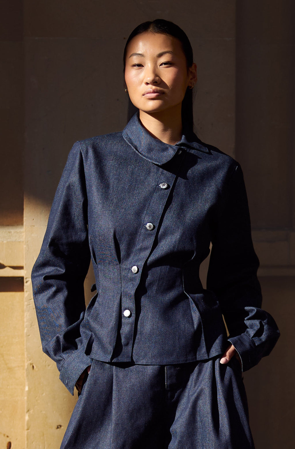 MID BLUE DENIM ASYMMETRIC SHIRT