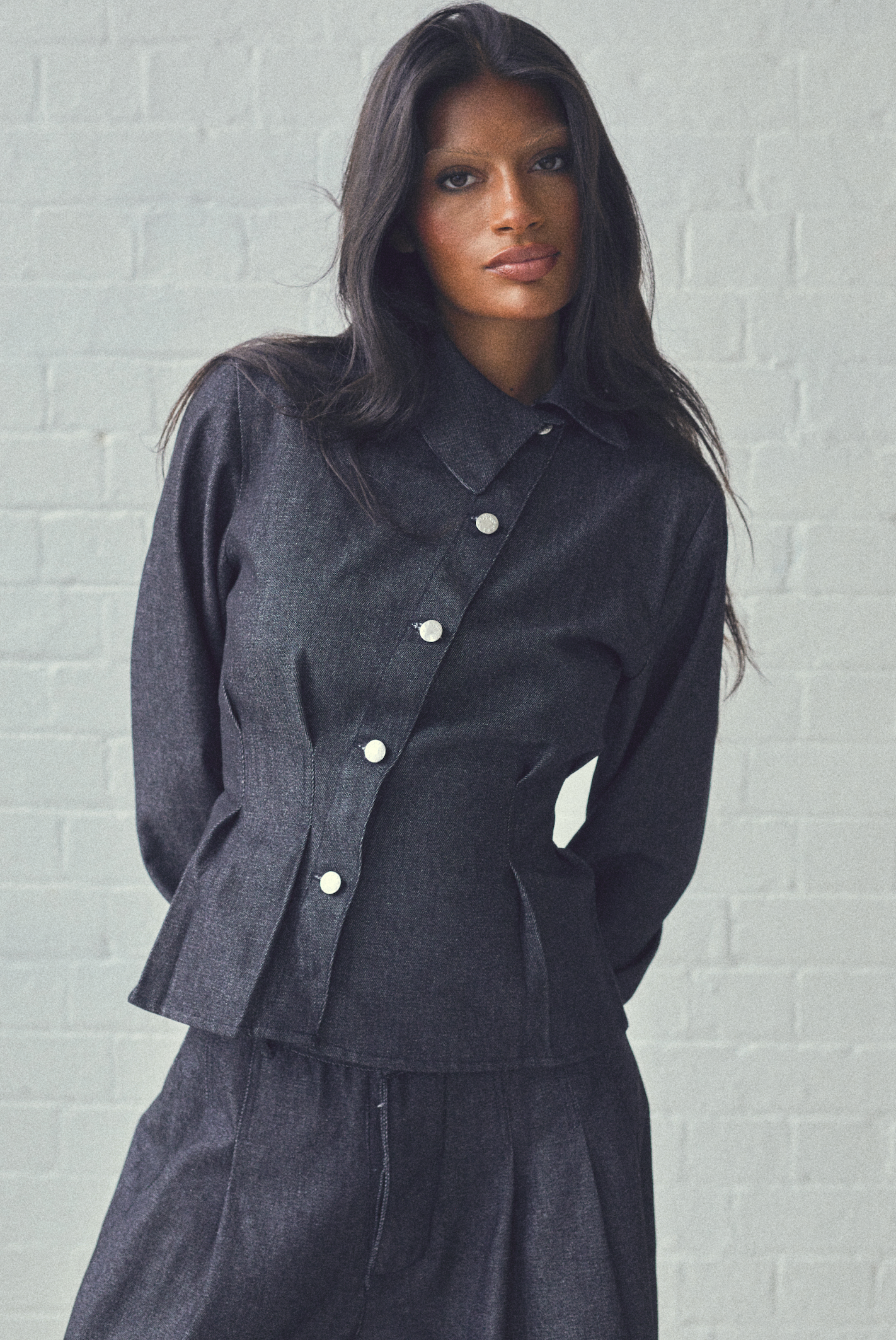 BLACK DENIM ASYMMETRIC SHIRT