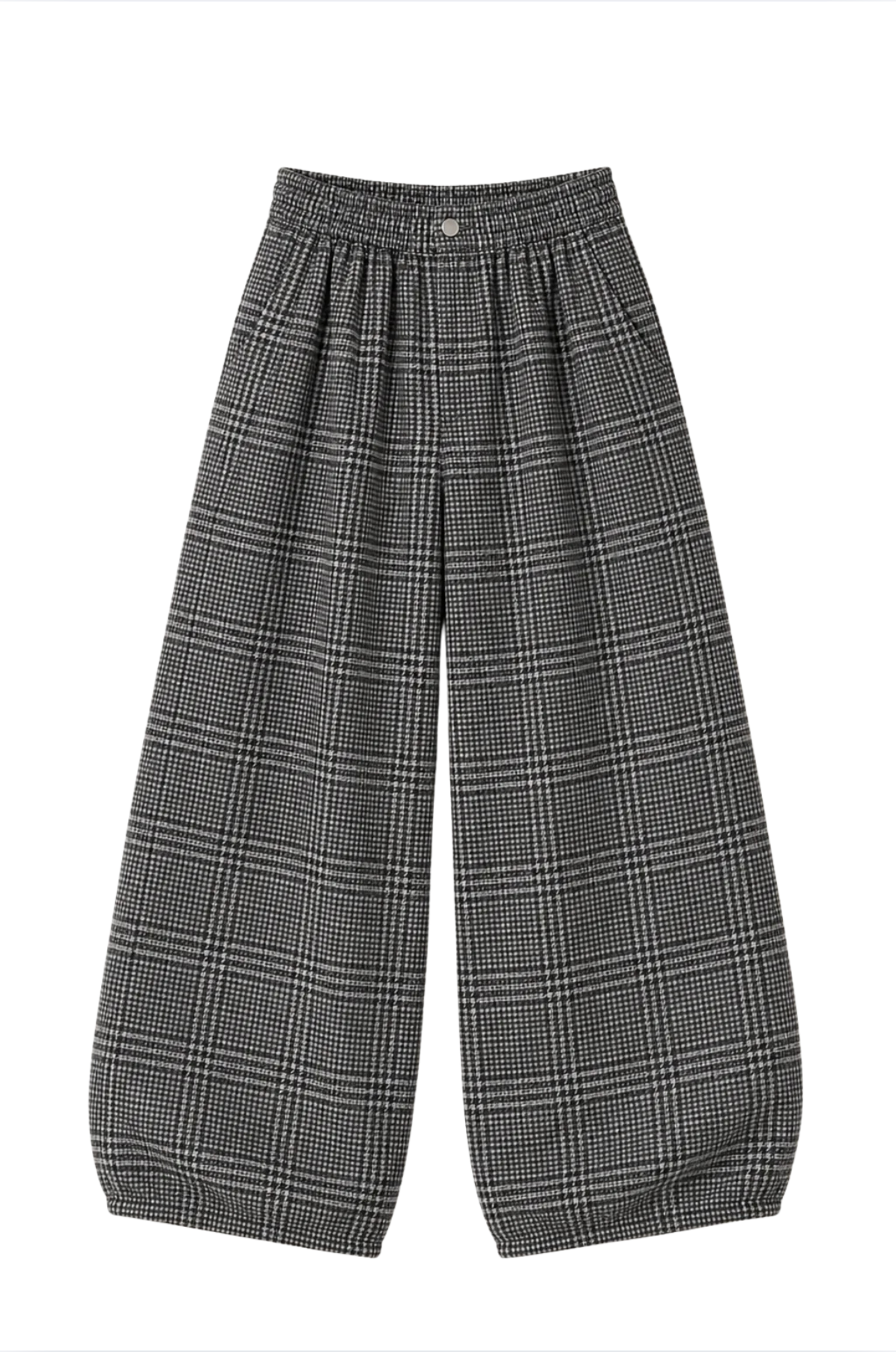 GREY CHECK WOOL BARREL TROUSERS