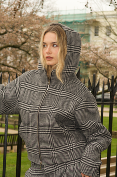 GREY CHECK WOOL ZIP HOODIE