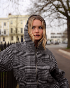 GREY CHECK WOOL ZIP HOODIE