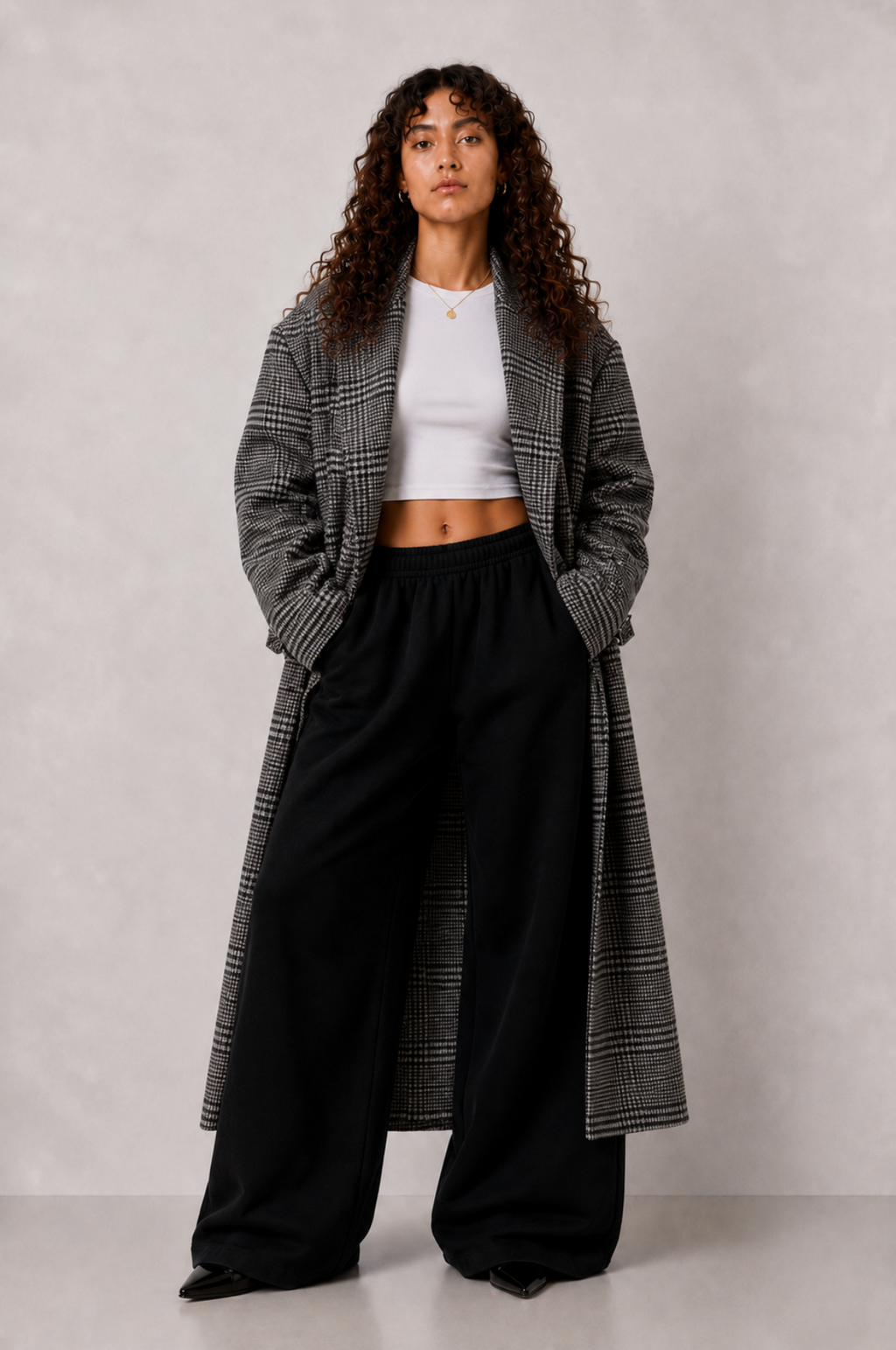 GREY CHECK WOOL TRENCH COAT