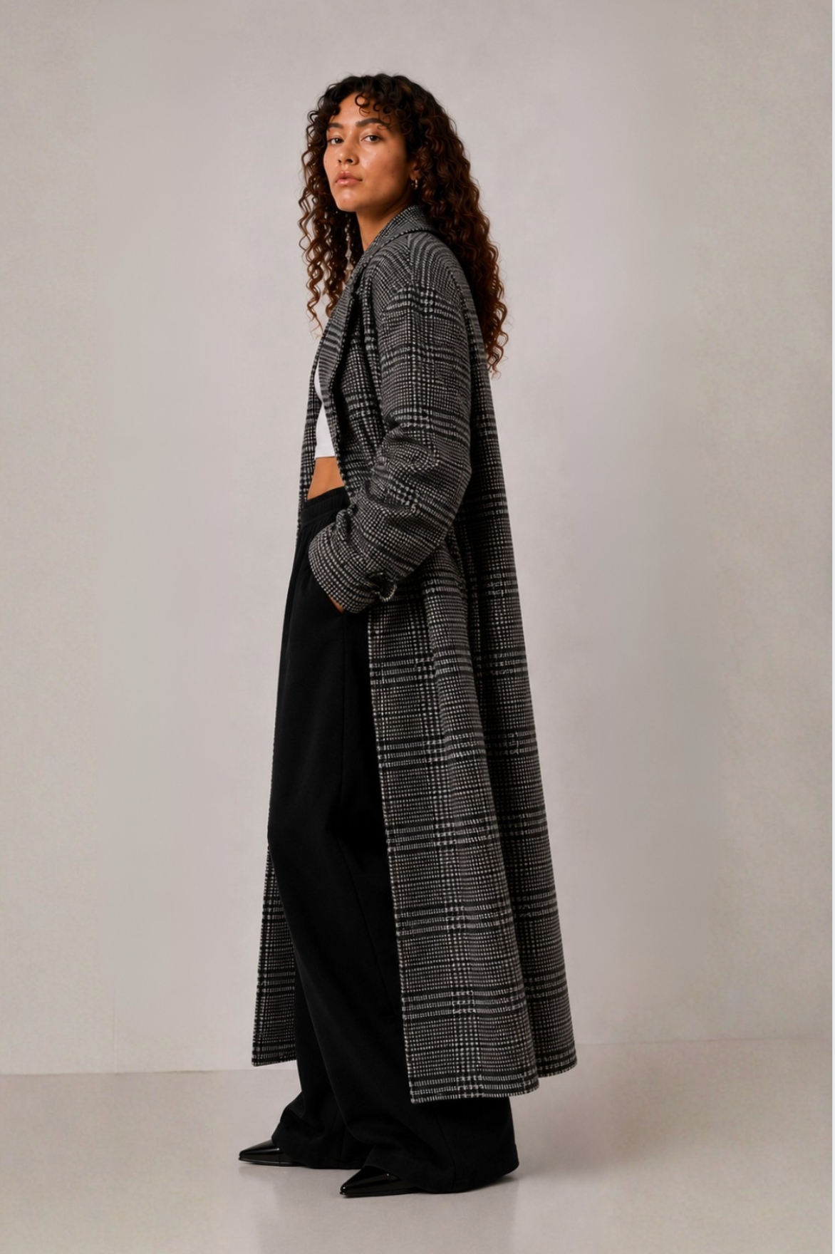 GREY CHECK WOOL TRENCH COAT