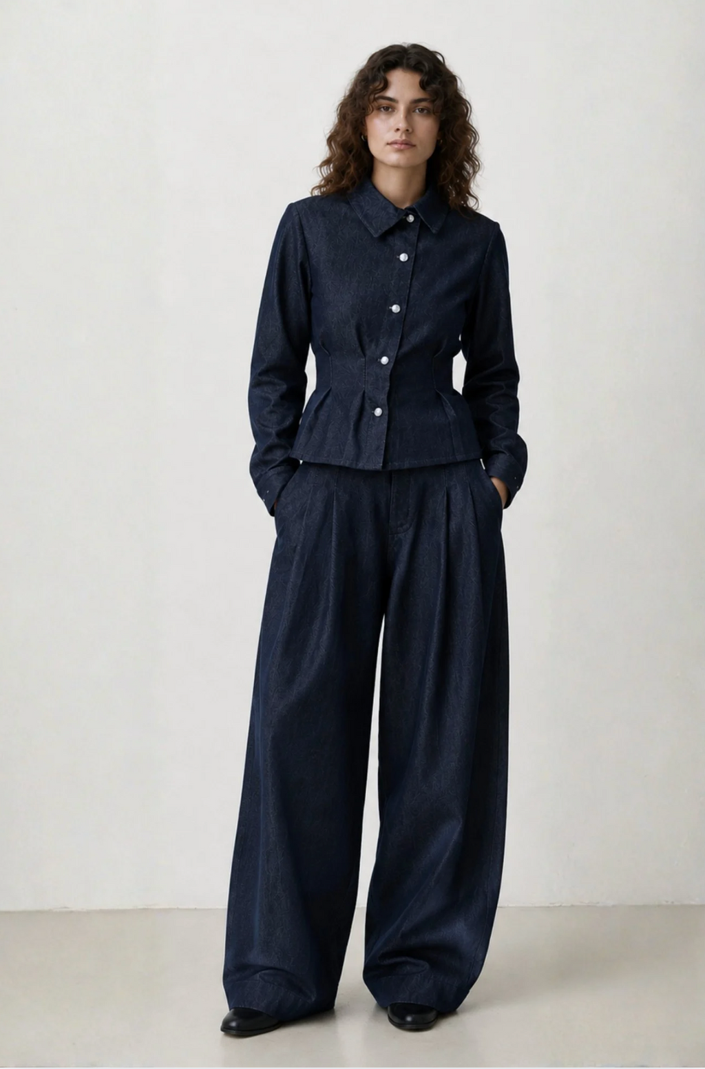 MID BLUE DENIM ASYMMETRIC SHIRT