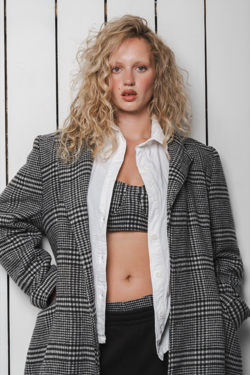 GREY CHECK WOOL TRENCH COAT